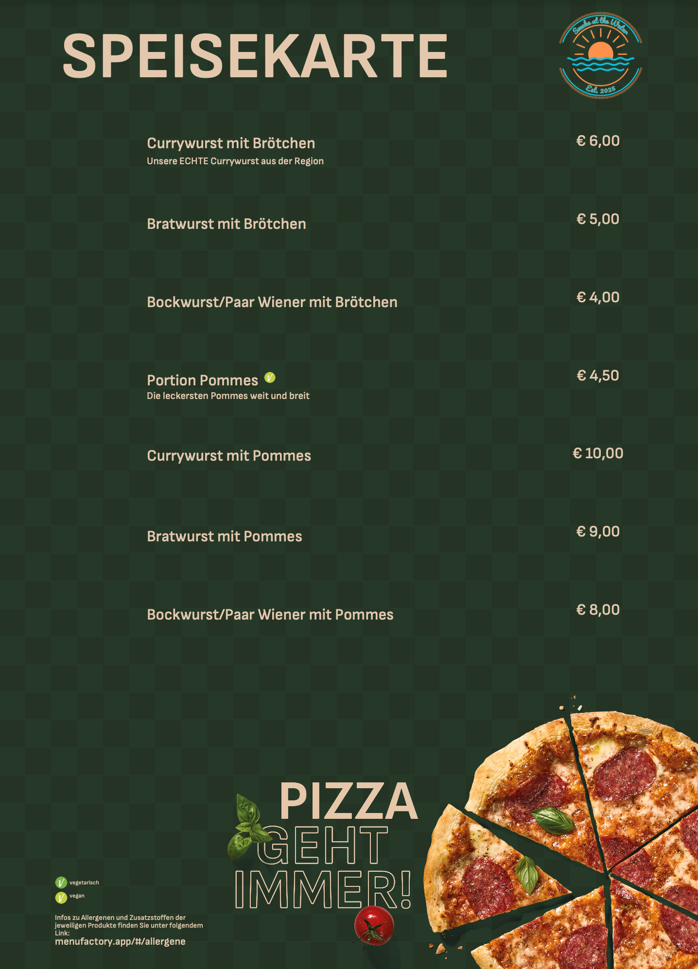 Speisekarte Stammsortiment – Grill, Snacks und Getränke